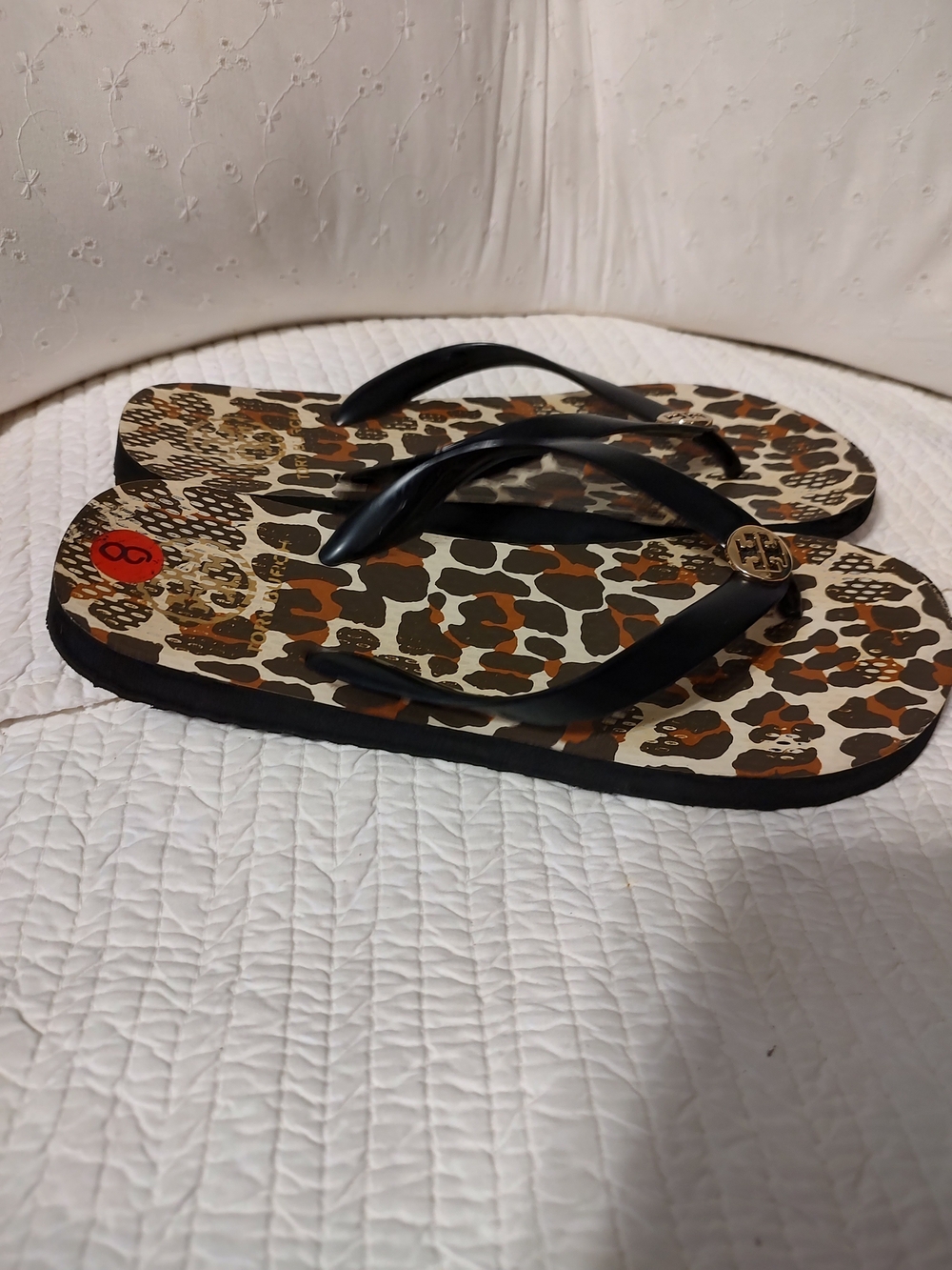 Tory Burch Leopard Print Logo Flip Flops - Black & Brown - Picture 4 of 10